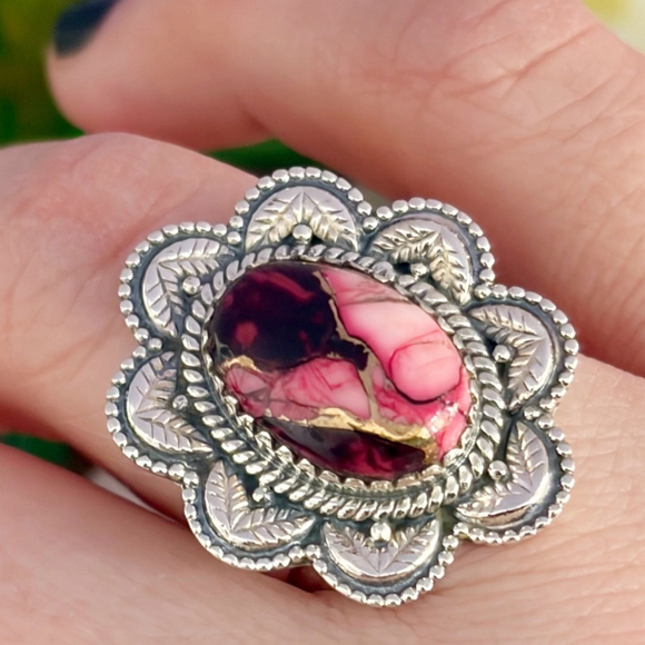 Pure Sterling Silver 925 Red Dahlia Turquoise Flower Navajo Style Ring Size 8.75 - Picture 3 of 10